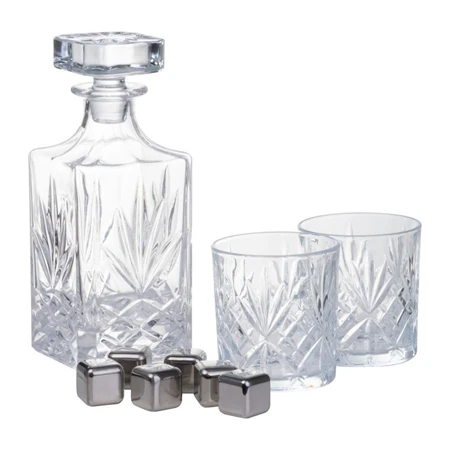 Whiskey szett kupakos üveg 800ml + 2db boroszilikát 250ml pohárral, 6db gránit jégkockával + csipesz, bambusz dobozban