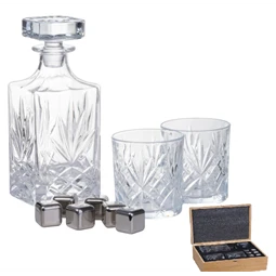 Whiskey szett kupakos üveg 800ml + 2db boroszilikát 250ml pohárral, 6db gránit jégkockával + csipesz, bambusz dobozban