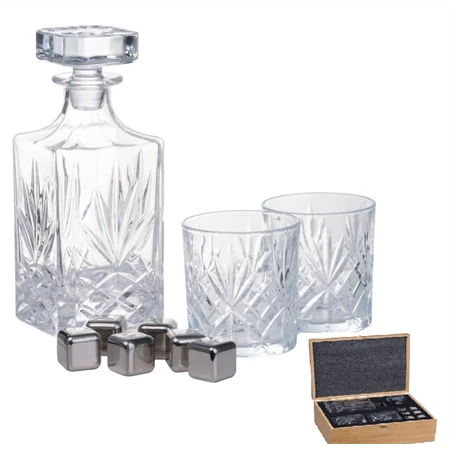 Whiskey szett kupakos üveg 800ml + 2db boroszilikát 250ml pohárral, 6db gránit jégkockával + csipesz, bambusz dobozban