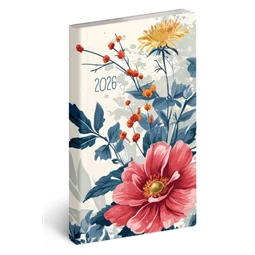 Zsebnaptár 2026 heti 9x16,5cm REAL Flexi álló elrendezésű, virágminta