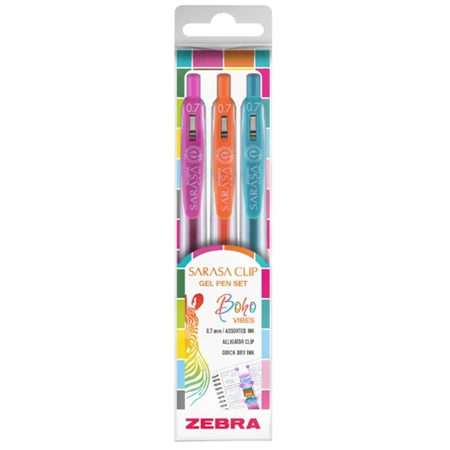 Zseléstoll ZEBRA Sarasa Clip Boho Vibes nyomógombos, 0,7mm, 3db-os, magenta, zöldeskék, narancsvörös