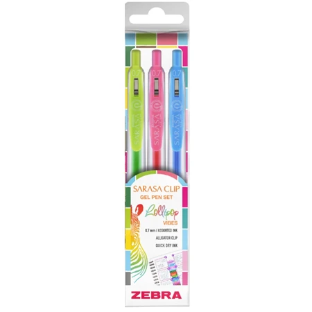 Zseléstoll ZEBRA Sarasa Clip Lillopop Vibes nyomógombos, 0,7mm, 3db-os, világos zöld, világos kék, pink