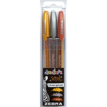 Zseléstoll készlet, 0,33 mm, kupakos, ZEBRA Doodler`z Glitteres, 3 különböző szín/csomag